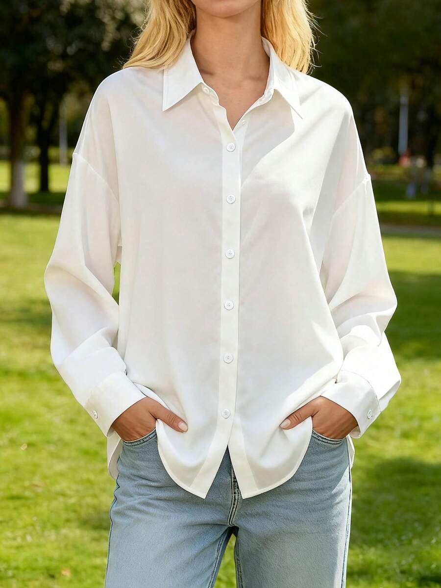 Women's Casual Loose Long Sleeve Shirt, Minimalist And Versatile, Suitable For Daily Wear - White - View 1
