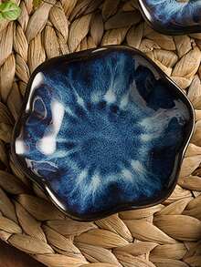 1pc 4.3" Ceramic Jewelry Tray, Bracelet Watch Ring Holder Dish, Necklace Earring Headphone Storage Plate, Reactive Glaze Deep Blue & Light Blue - Kiln-changed Blue - View 4