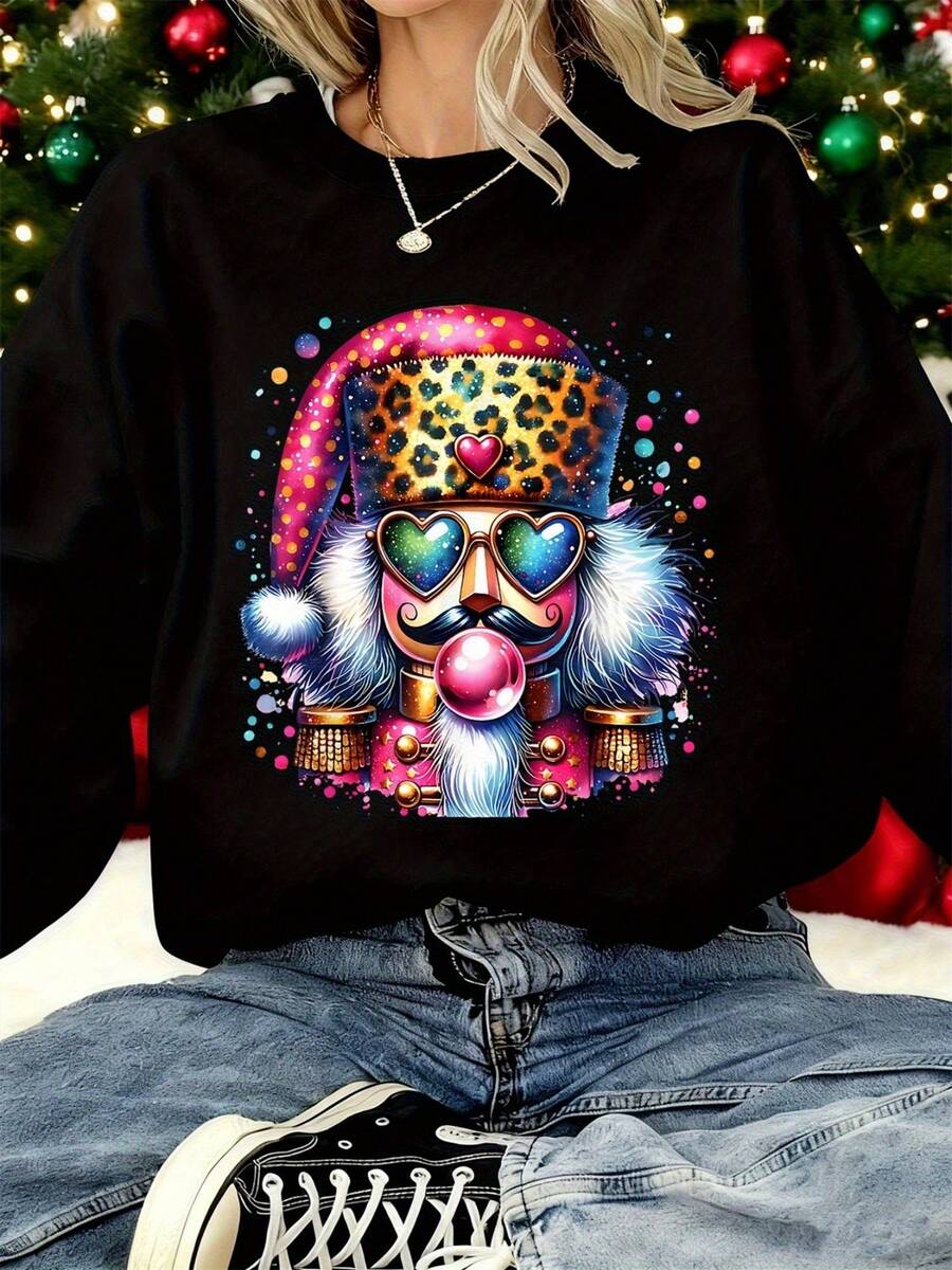 Women'S Christmas Santa Hat & Candy Cane Print Sweater - Soft Breathable Round Neck Pullover With Pink & Striped Sleeves, Cozy Casual Day Top For All Seasons, Christmas Sweater, Festive Clothing, - Black - View 1