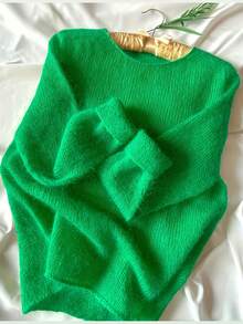 Plus Size Women Soft Round Neck Sweater, Retro Fresh, Casual Spring, Lightweight Knit Fabric Solid Color Pullover For Spring/Autumn, Plus Size - Green - View 1