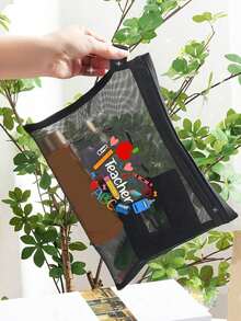 Buchstaben-Muster Mesh Tasche, bedruckter Reißverschluss Kosmetiktasche für Frauen, transparente Mesh Aufbewahrungstasche, Kulturtasche, Geschenk für sie, geeignet für Make-up Aufbewahrung, College Wohnheim, Damen Reisen, Geschenktasche, Lehrertag Geschenk, tragbare Einkaufstasche, faltbare Aufbewahrungstasche, minimalistische Einkaufstasche Make-up Tasche - Verschiedenfarbig - Übersicht 2