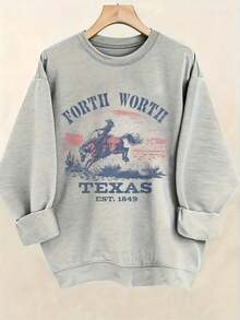 Women's Western Style Fort Worth Texas EST 1849 Cowboy Pattern Hoodie - Soft Crew Neck Pullover With Cactus And Longhorn Design, Comfortable Casual Long Sleeve Sweater, Suitable For Texas Pride And Casual Outfits, Machine Washable, Loose Fit, Wearable All Seasons, Western Themed Clothing With Cowboy Horse And Cactus Print, H-Line Silhouette, Suitable For Casual Outings - 淺灰色 - 查看 1
