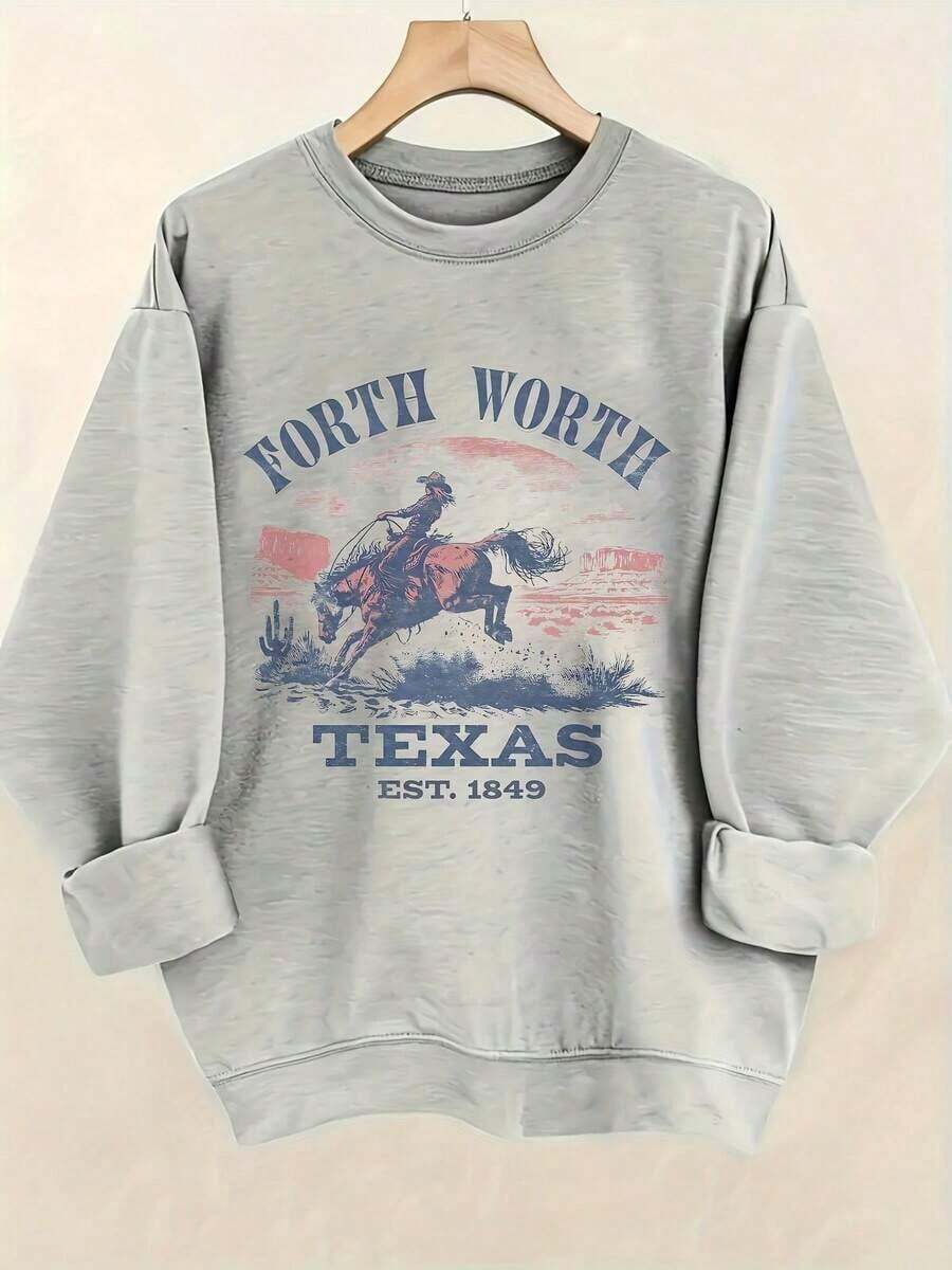 Women's Western Style Fort Worth Texas EST 1849 Cowboy Pattern Hoodie - Soft Crew Neck Pullover With Cactus And Longhorn Design, Comfortable Casual Long Sleeve Sweater, Suitable For Texas Pride And Casual Outfits, Machine Washable, Loose Fit, Wearable All Seasons, Western Themed Clothing With Cowboy Horse And Cactus Print, H-Line Silhouette, Suitable For Casual Outings - 淺灰色 - 查看 1