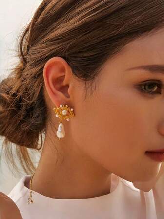 A Pair Of Stainless Steel Delicate Evil Eye Pearl Pendant Earrings, A Jewelry Gift With Protective Significance