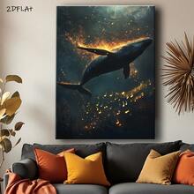 Arte de pared en lienzo enmarcado 2D plano - Pintura de ballena y ola del océano en dorado - Impresión de lienzo envuelta en borde de madera clásico - Póster listo para colgar para decoración de sala de estar, dormitorio, oficina - Idea de regalo de decoración costera - transparente - Ver 3