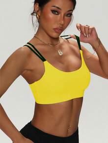 Women's Solid Color Round Neck Criss-Cross Removable Padded Fashionable Knit Sports Bra Spring - Yellow - View 4