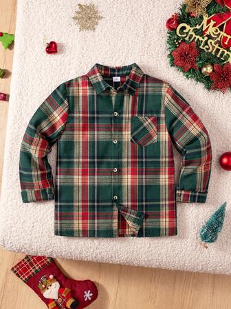 小男孩经典街头休闲红黑格子长袖衬衫