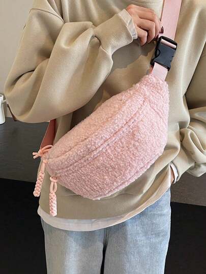 1pc Women's Solid Color Sherpa Knit Zipper Crossbody Chest Bag, Soft & Lightweight Casual Fanny Pack With Multiple Pockets, Suitable For Winter Outdoor Portable Waist Pouch
