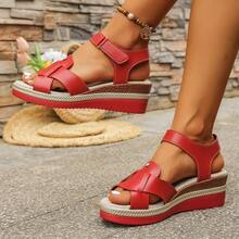 Giày sandal đế xuồng dày dặn, khoét mũi, kiểu dáng thời trang nữ, có khóa dán. - Đỏ - Xem 3