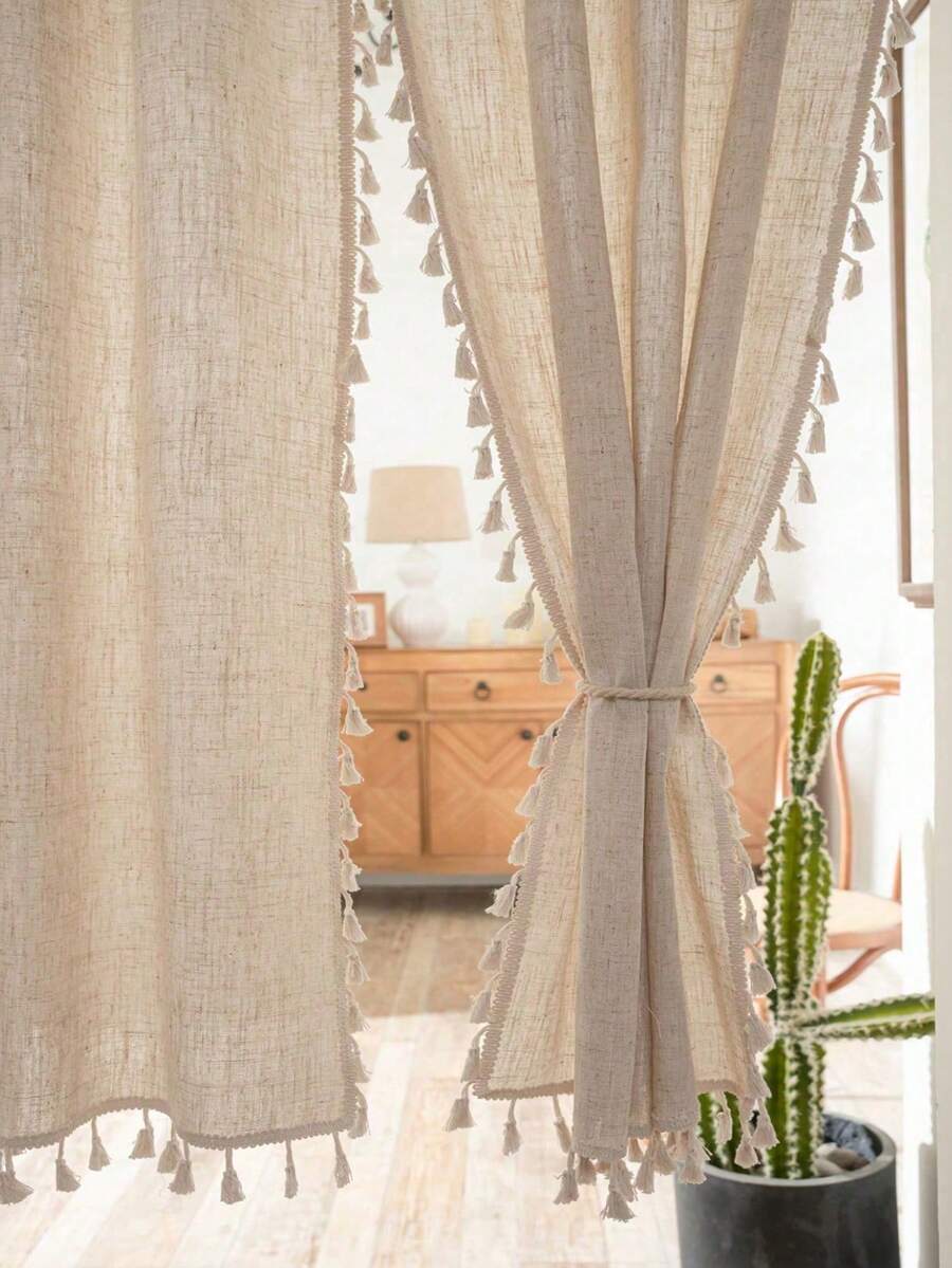 2pcs Linen Tassel Solid Color Retro Curtain, Rod Pocket Design, Suitable For Living Room And Bedroom - Sheer And Filtering Curtain (Tie Backs Not Included) - Multicolor - View 1