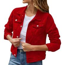 Chaqueta vaquera mujer, chaqueta vaquera mujer, con botones, manga larga y bolsillos, ligera, corta, de mezclilla, a. - 02rojo + G - Ver 2