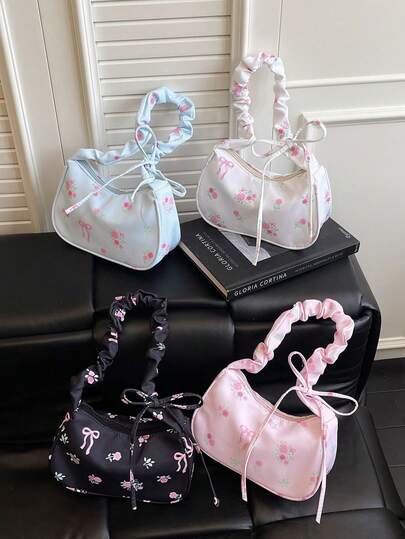 1pc New Floral Bow Print Shoulder Bag, Sweet & Versatile, With Zipper Closure And Comfortable Strap, Suitable For Various Occasions, Can Easily Accommodate Daily Essentials, A Fashionable Favorite That Goes With Everything.