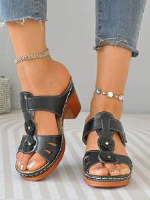 Sandalias de tacón grueso para mujer, sandalias de playa con suela de cuero PU retro con estampado floral y de rayas (combinación), primavera/verano