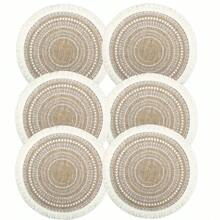 4/6/8/10 Pcs Light Brown And White Mandala Tassel Round Placemats - 15 Inch / Mughal Style Placemats, Linen Fabric, Suitable For Dining Table Setting, Kitchen Decor, Weddings And Parties; Elegant Beige Boho Style Tableware, Dining Table Decor, Party Placemats, Christmas, Halloween, Birthday Dinner. - Multicolor - View 14