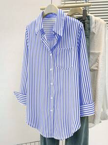 Women's Casual Basic Striped Pointed Collar Long Sleeve Shirt Blouse With Button Pockets, Suitable For Daily Office Wear, Autumn/Winter/Spring - Dark Blue - View 2