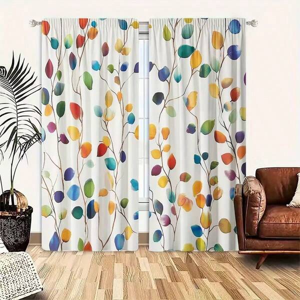 2pcs Colorful 2D Leaf Pattern Polyester Curtains, Suitable For Rental House, Living Room, Kitchen, Bedroom, Removable And Machine Washable, Small Window Curtains