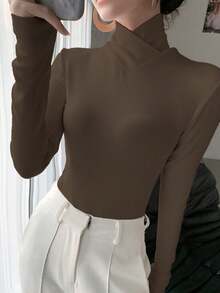 女士纯色针织交叉领打底衫，办公穿着，春季新款休闲款 - 咖啡棕 - 查看 6