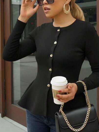 Women's Solid Color Long Sleeve Crew Neck Cardigan Sweater. The Ruffled Hem Adds An Elegant And Fashionable Touch. This Stylish And Sophisticated Sweater Is Perfect For Photos, Daily Wear, Or Going Out For A Walk.