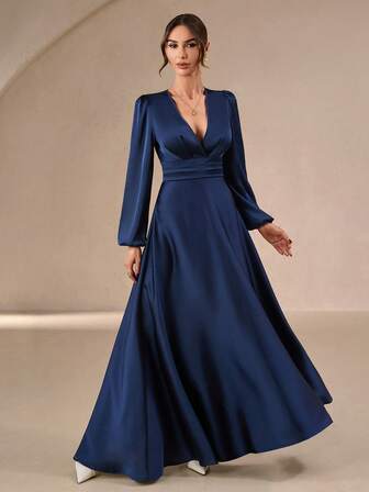 Women's New Style Elegant Romantic Autumn-Winter Satin Long Dress – Voluminous Puff Sleeves, V-Neckline, High Waist, Slim Silhouette, Ideal For Wedding Gatherings & Formal Parties