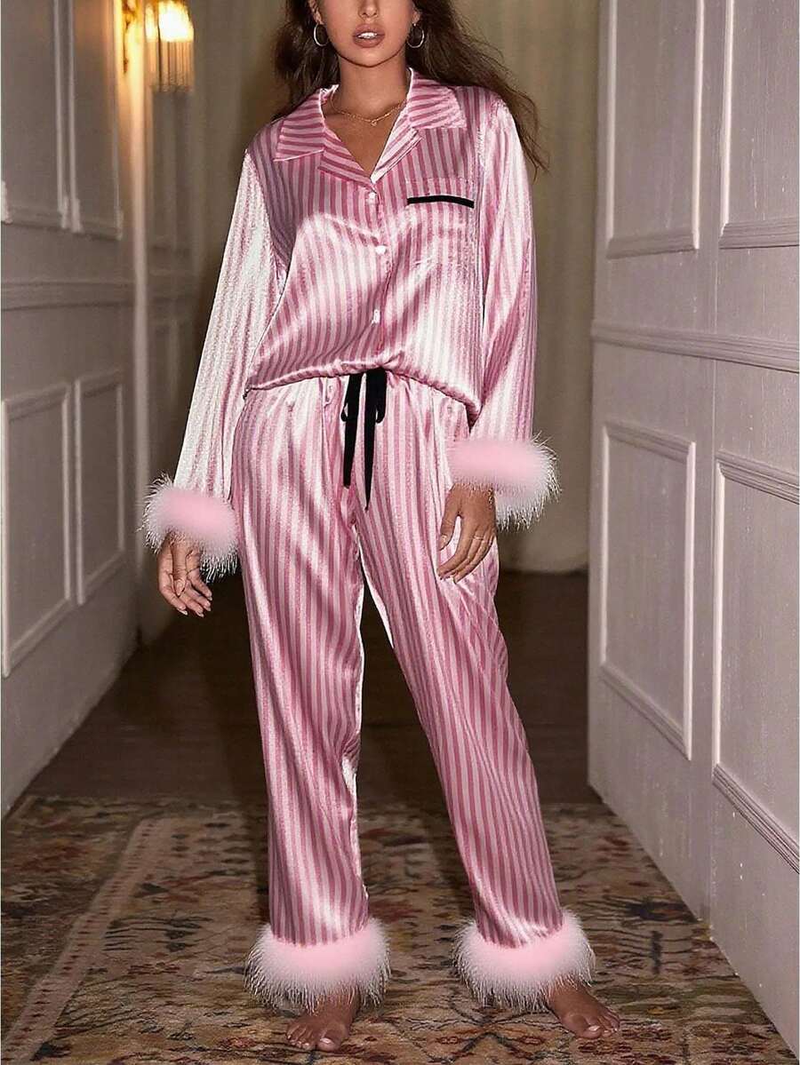 Women Feather Pajamas Silk Satin Lounge Sets Long Sleeve Button Down Shirts And Pants 2 Piece Pj Set - 粉色 - 查看 1