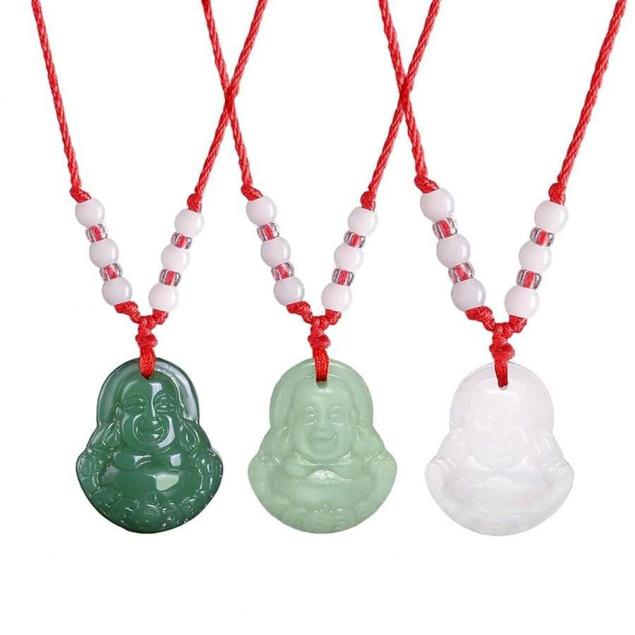 FORUBUS Green Jade Buddha Circle Red String Pendant Necklace - Chinese Traditional Amulet For Luck And Protection,A3pcsbuddha-Redstring - A3pcs佛像-紅繩 - 查看 1