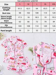 2-Piece Set - Women's Pink Burger, Cheese, And French Fry Printed Short Sleeved Shorts And Pajamas Set, With Pocket Button Design On The Top, Comfortable And Soft Skin Friendly Knitted Fabric Casual Wear, Suitable For Daily Home, Sleepwear Parties, Family, All Seasons - 粉色 - 查看 11