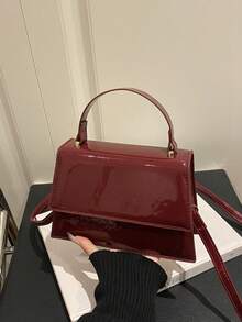 1 pieza Nuevo mini bolso de mano de moda, bolso cuadrado con solapa de material de PU texturizado de unicolor, bolso de hombro elegante y versátil de estilo occidental sencillo con correa ajustable y desmontable - Burdeos - Ver 5