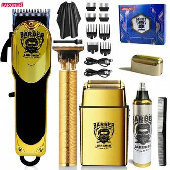  LARGNER 4'ü 1 Arada Erkek Profesyonel Altın Bakım Seti - LCD Ekranlı USB Şarj Edilebilir Saç Kesim Seti, Elektrikli Tıraş Makinesi, T-Blade Düzeltici, Burun Kılı Düzeltici, 8 Kılavuz Tarak, 3 USB Kablosu, 1 Temizleme Fırçası ve Tarak Dahil - İdeal Hediye