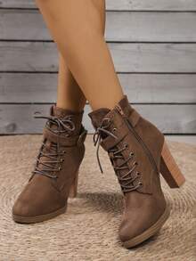 Go With Skirt,Brown High Heel Boots, Stylish Short Sleeve Women Ankle Boots With Double Buckle, Lace-Up High Heels For Women, Autumn/Winter,Boots For Women - Apricot - View 4