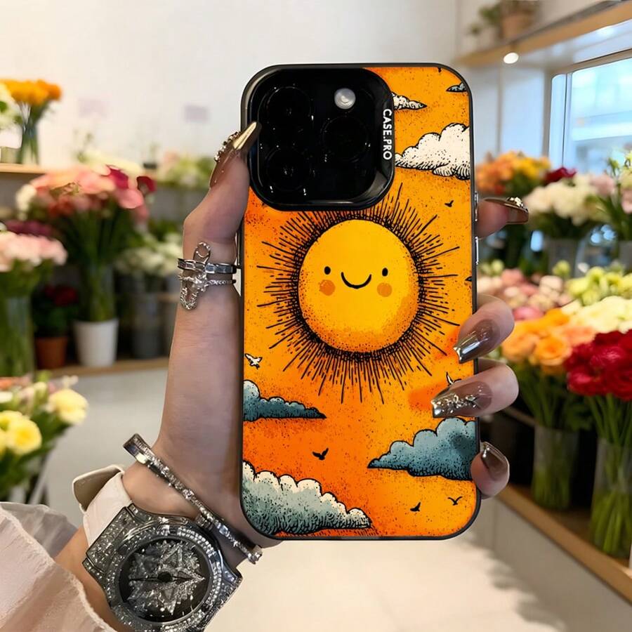 Cubierta de telefono con diseño de sol sonriente naranja y nubes para mujer estilo artístico ideal para uso diario y regalos Aplicable a los teléfonos de la serie Apple y Galaxy - Negro - Ver 1