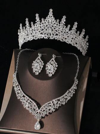 1 套新娘配饰 - 水晶皇冠、项链、耳环（4 件），适合婚纱、新娘礼服、婚礼派对、舞会