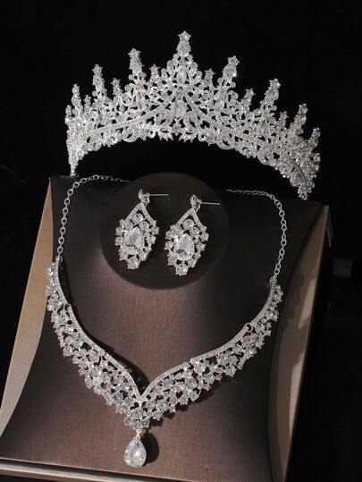 一套新娘配饰 - 水晶皇冠、项链、耳环（4件），适用于婚纱、新娘礼服、婚礼派对、舞会、情人节配饰