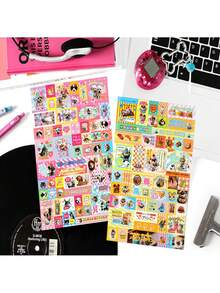 6张随机复古彩色卡通贴纸，可爱小狗+娃娃屋，美味甜点贴纸，适用于DIY剪贴簿 - 彩色 - 查看 2