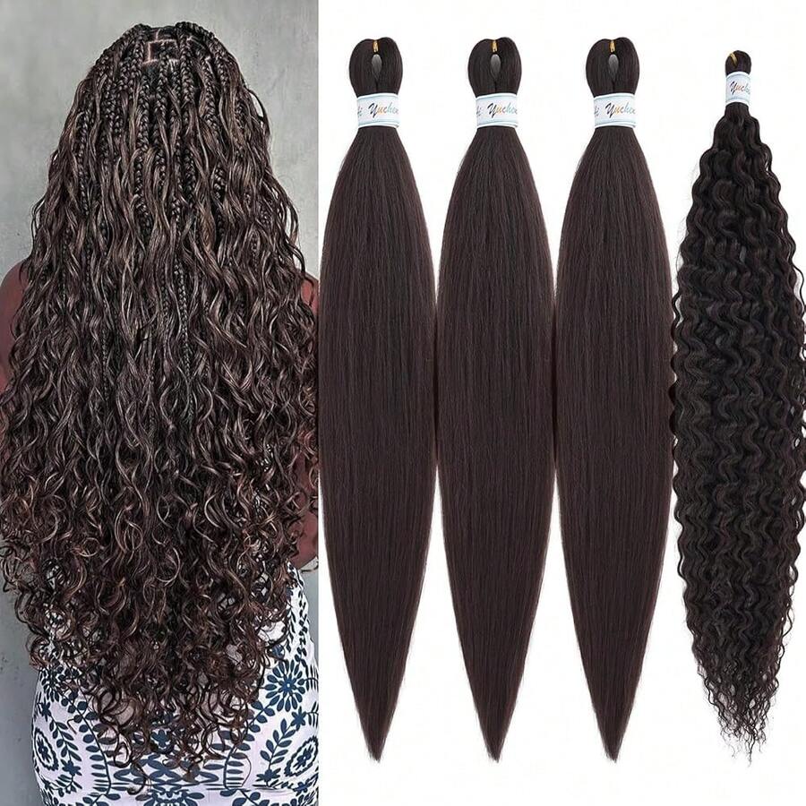 Color 4 Braiding Hair Pre Stretched Brown Boho Hair For Braiding Hypoallergenic Knotless Bohemian Curly Wavy Braiding Hair 26 Inch Boho Crochet Braids Hair Extensions 4 Packs,4#BrownBohoBraidingHair4Packs - 4#棕色波西米亞風編發4包 - 查看 1