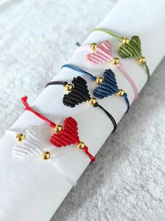 3pcs Handmade Braided Multicolor Heart & Golden Bead Decor Adjustable Bracelet, Suitable For Couples, Friends, Valentine's Day Gift Or Personal Wear