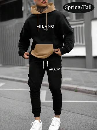 男士轻薄面料个性米兰字母印花撞色连帽衫和裤子套装，时尚休闲男装，带口袋，抽绳腰带裤子，适合凉爽的秋季天气