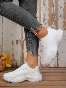 Women's White British Style Lace-Up Sneakers, Round Toe Low-Top Thick Sole Slip-On Shoes, Fashionable Breathable Non-Slip Chunky Sneakers For Students - White - View 6