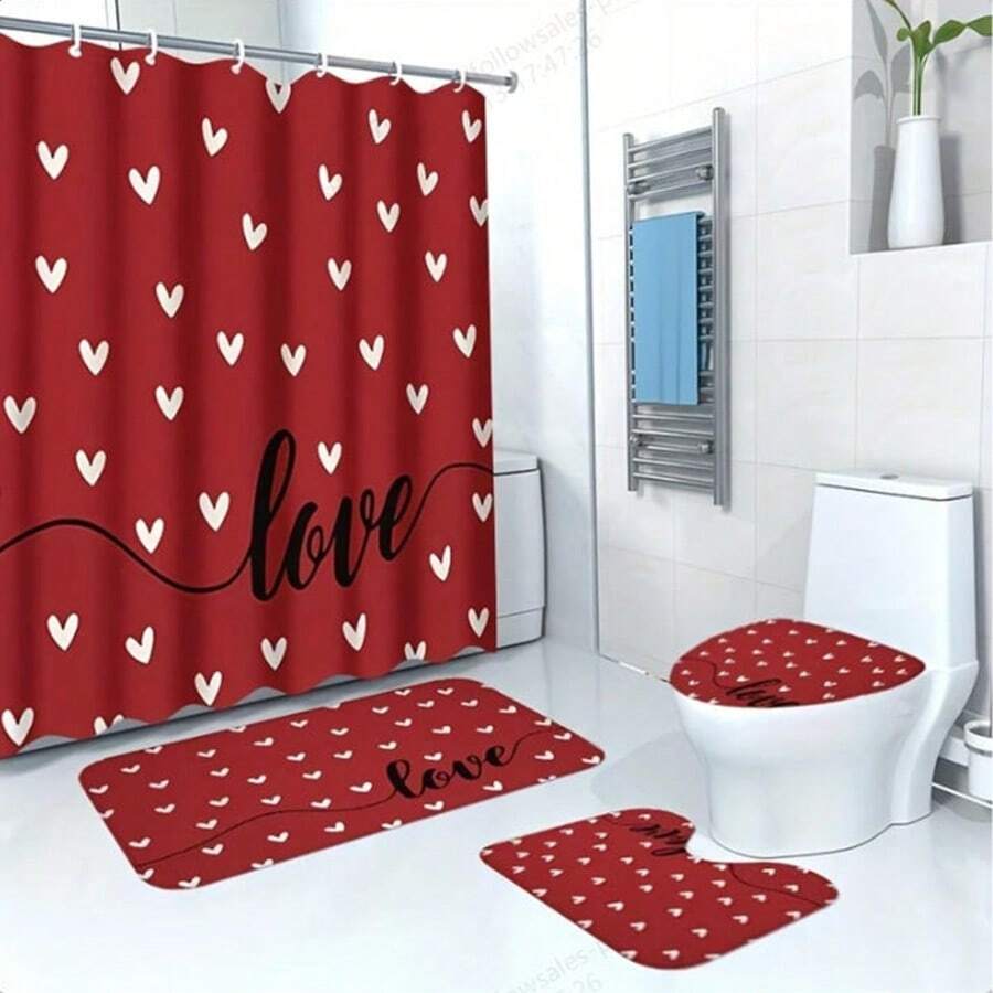 Bộ 4 rèm tắm in hình trái tim, rèm cửa sổ phòng tắm, rèm tắm có móc, thảm lót sàn chống trượt phòng tắm, thảm lót bồn cầu hình chữ U, tấm phủ bệ bồn cầu, đồ trang trí tiệc ngày lễ, đồ trang trí nhà cửa, phụ kiện phòng tắm, bộ 4 rèm tắm