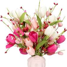 6束情人节鲜花，17英寸情人节郁金香浆果花束，情人节婚礼派对餐桌中心装饰 - 粉紅白紅 - 查看 9