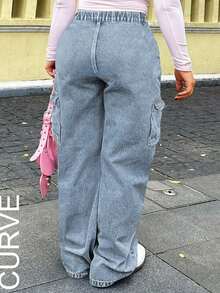 Plus Size Practical Straight Leg Jeans - Drawstring Waist, Cargo Pockets, Loose Fit - Light Wash - View 5