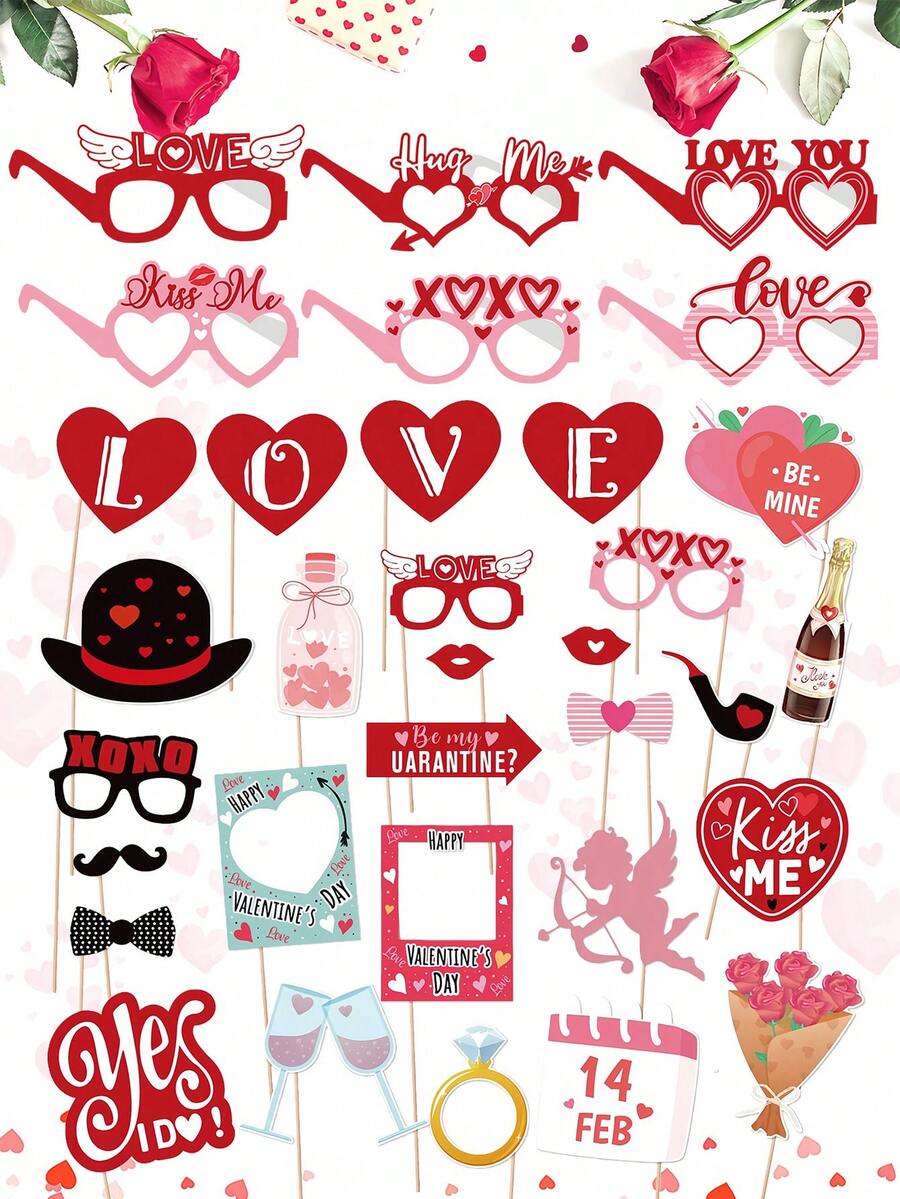 情人节快乐拍照道具，婚礼自拍拍照道具装饰，趣味红心嘴唇眼镜胡子帽子酒杯拍照道具，适用于情人节、婚礼、周年纪念日，趣味礼物，摄影装饰