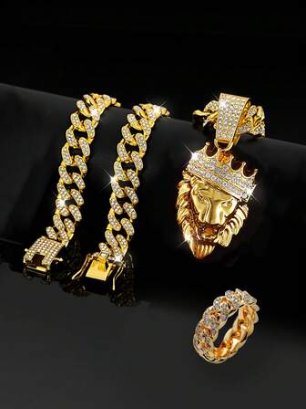 两件套：链吊坠项链和镂空狮/虎头装饰戒指，金色/银色可选