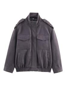 Women's Grey Suede Jacket, Oversized Stand Collar Long Sleeve Coat With Pockets For Spring Fall - Dark Grey - View 3