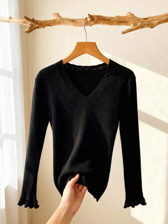 LUEYUN 女士黑色罗纹针织衫 V 领蕾丝边长袖衬衫修身基础款上衣日常穿着，必备紧身休闲上衣