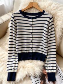 Striped Cardigan Sweater For Women Fall/Winter Sweaters For Christmas - Navy Blue - View 1