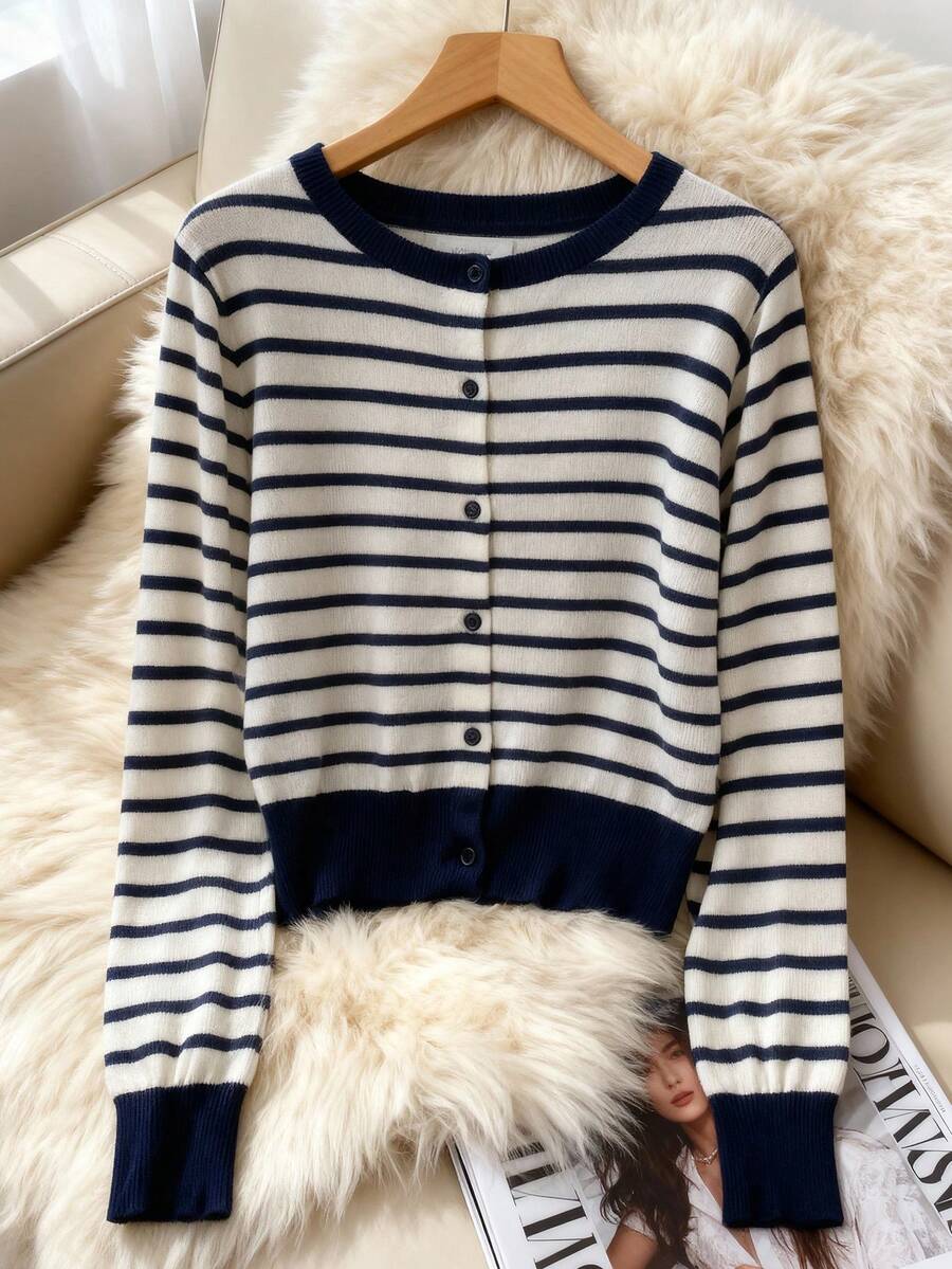 Striped Cardigan Sweater For Women Fall/Winter Sweaters For Christmas - Navy Blue - View 1