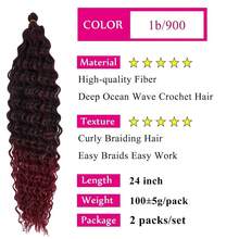 Black Burgundy Boho Hair For Braiding Curly Ocean Wavy Braiding Hair Deep Wave Crochet Hair For  24 Inch 2 Packs Soft Curls For Boho Braids Extensions,1b/900BohoHair - 1b/900BohoHair - 查看 3