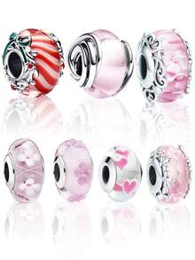 1颗粉色花朵玻璃珠圣诞饰品珠，适合原装蛇形手链项链，可用于DIY珠宝制作，是送给女孩或女儿的礼物。 - 彩色 - 查看 1