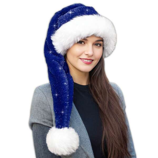 Brihasory Long Blue Christmas Hat, Sequin Plush Santa Hat for Women and Girls, Thickened Velvet Soft Inner Holiday Hat for Festival Prom New Year's Eve Party Favors