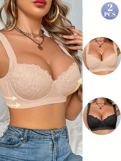 2 Pieces Lace Underwire Bra Set - Wide Straps, Push Up, Comfortable Gathered Support For Daily Confidence & Stylish Wear
